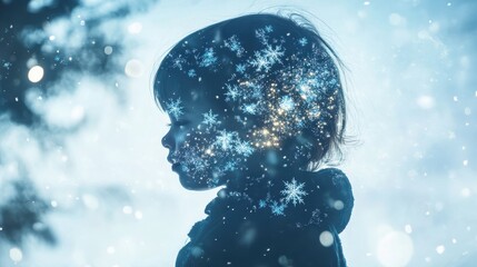 Poster - Surreal portrait of a glowing child against a snowy backdrop during twilight