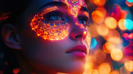 Poster - Surreal portrait featuring a woman's face illuminated by vibrant patterns and colors in an abstract setting