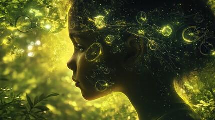 Poster - Surreal representation of a child's profile, surrounded by glowing elements in an enchanting forest setting