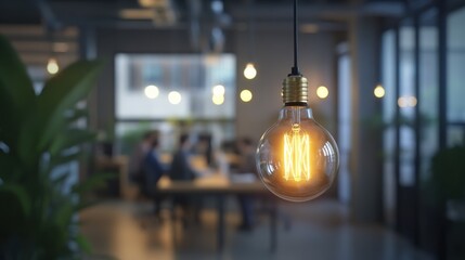 Poster - Glowing light bulb illuminates modern workspace with soft amber hue in a vibrant office environment