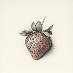 Poster - Fresh strawberry showing seeds and leaves resting on a neutral background highlighting its natural beauty and texture