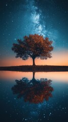 Solitary Tree Mirrored in Starry Night: Serene Landscape Painting