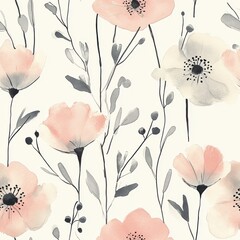Poster - Serene watercolor doodle illustration featuring delicate flowers and gentle foliage in soft pastels