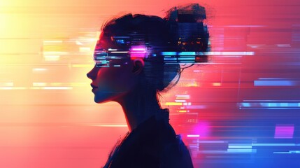 Poster - serene portrait of a woman illuminated by vibrant colors in a unique, artistic environment during tw