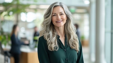 Poster - Professional woman with cascading blonde hair smiles confidently in a modern office environment during a busy workday