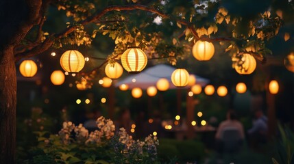 Aufkleber - Softly glowing lanterns illuminate a tranquil garden gathering during a summer evening