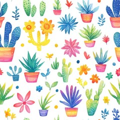 Poster - Colorful watercolor doodles of playful plants and flowers in pots create a vibrant pattern filled with joy and creativity