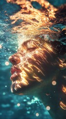 Poster - Mystical visualization of a swimmer's face illuminated by shimmering water reflections in an underwater setting