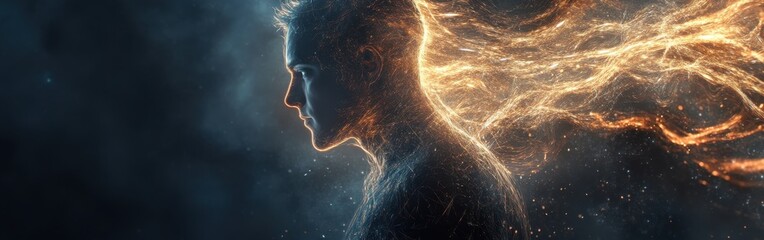 Aufkleber - Mystical profile of a man illuminated by glowing energy at twilight in an ethereal landscape