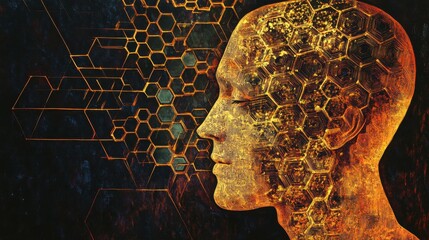Aufkleber - Mystical profile of a man with intricate hexagonal patterns representing the complexity of thought