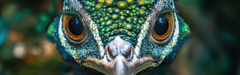 Poster - Close-up view of a peacock's face showcasing vibrant colors and intricate feather patterns at a local park
