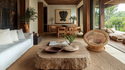 Poster - Stylish living room featuring rattan chair and wooden table in a serene setting with natural decor elements
