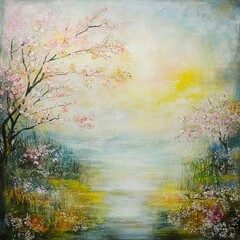 Wall Mural - Serene Spring Landscape: Cherry Blossoms at Dawn