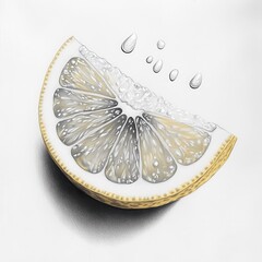 Poster - Lemon wedge with juice droplets illustrated in detailed monochrome style, showcasing texture and freshness