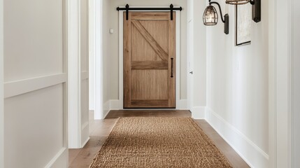 Poster - Hallway featuring vintage barn door with natural decor accents and warm lighting