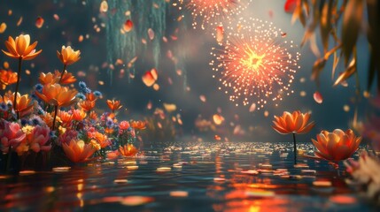 Aufkleber - Glowing floral celebration at twilight with fireworks reflected in water