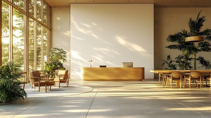 Poster - Bright and airy 3D rendered modern office interior design with a clean white wall mockup natural light and minimalist wooden furniture pieces creating a welcoming and professional workspace