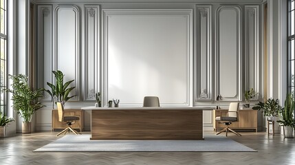 Poster - A clean and modern office space featuring a white wall mockup minimalist design and stylish wooden desks and chairs