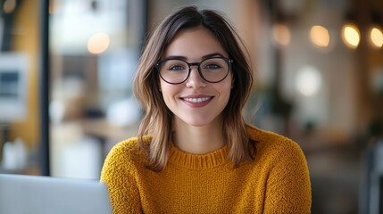 Aufkleber - Cheerful young woman in cozy sweater enjoying a productive moment at a modern cafe during daytime
