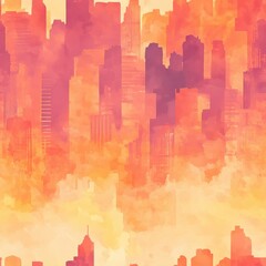 Aufkleber - Dynamic doodle-style watercolor of a vibrant city skyline at sunset with expressive colors and abstract shapes