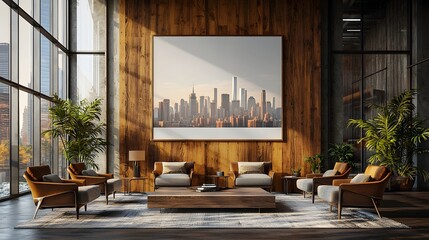 Aufkleber - Blank poster mockup displayed on a wooden wall in a modern office space with large windows showcasing a stunning city skyline in the background