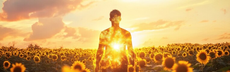 Poster - Man radiating light in a sunflower field during sunset surrounded by nature's beauty