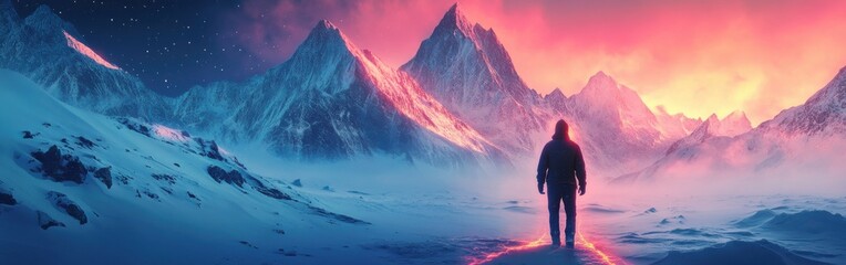 Aufkleber - Glowing figure against majestic mountain backdrop at twilight
