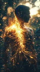 Aufkleber - Man glowing with energy emanating from the body in a serene outdoor environment during twilight
