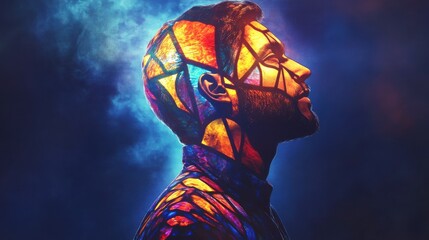 Leinwandbilder - Conceptual portrayal of a man's profile illuminated by vibrant, colorful patterns in a dreamy backdrop