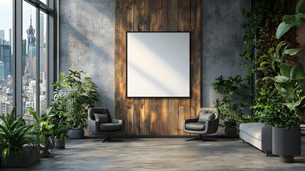 Aufkleber - Bright and Spacious Contemporary Office Interior with Blank Poster Frame Wooden Walls Tall Windows and Panoramic View of the City Skyline   Stylish and Minimalist Office Space Design