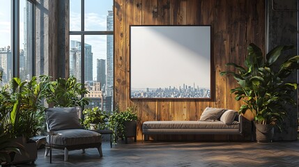 Poster - Elegant and contemporary office interior design featuring a wooden accent wall large windows showcasing a scenic city skyline and a minimalist decor style with a comfortable couch and indoor plants
