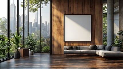 Poster - Sleek and contemporary workspace design featuring a blank poster mockup mounted on a wooden wall floor to ceiling windows offering a breathtaking panoramic view of a bustling metropolitan skyline