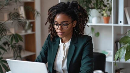 Aufkleber - Professional woman focused on work at her desk in a modern office space with plants and natural light