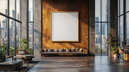 Poster - Wooden wall mounted blank poster displayed in a modern office setting surrounded by large windows offering a panoramic view of a city skyline in the background