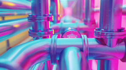 Poster - Vibrant industrial pipes in colorful setting, showcasing modern design with reflections and futuristic aesthetic. interplay of light and color creates dynamic visual experience