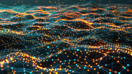 Poster - vibrant digital landscape with glowing nodes and interconnected lines, representing data flow and technology. scene evokes sense of innovation and connectivity