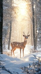 Poster - Deer stands gracefully in snow-covered forest illuminated by soft sunlight