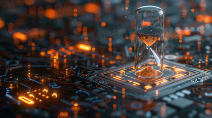 Poster - Digital hourglass on circuit board, symbolizing time and technology. glowing elements create futuristic atmosphere, merging concepts of time and digital innovation