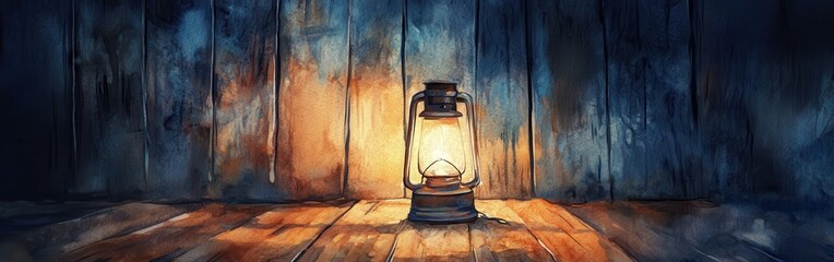Aufkleber - Close-up of a vintage lantern glowing softly against a dark wooden background at night