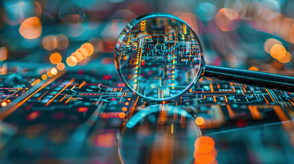 Poster - magnifying glass focuses on circuit board, revealing intricate details and vibrant colors. blurred background enhances technological theme, creating sense of exploration and discovery