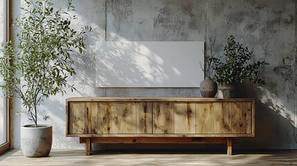 Aufkleber - A minimalist interior design featuring a wooden cabinet against a plain wall providing a blank space for mockup or customization  The scene showcases a clean contemporary