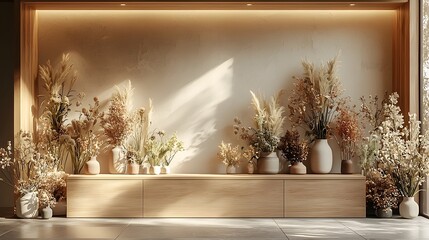 Aufkleber - Clean and modern wall display with a wooden cabinet below offering a blank space for product photography branding or design mockups  The arrangement features various vases plants and floral elements