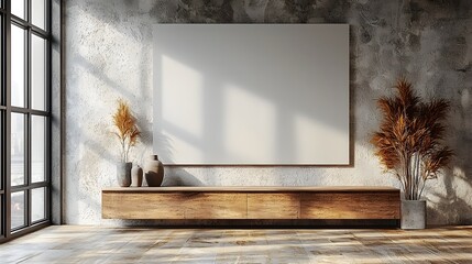 Aufkleber - Minimalist and modern room interior featuring a wooden cabinet below a blank wall creating a clean and simple space ideal for design mockups product displays and 3D rendered visuals