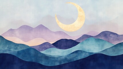 Poster - soft silhouette of a serene mountain range with a crescent moon under a pastel sky at dusk