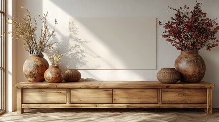 Fototapete - Elegant and simple interior design featuring a wooden cabinet and blank wall space providing a calm and serene backdrop for product mockups