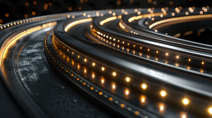 Poster - close up view of illuminated metallic curves with glowing lights, creating dynamic and futuristic atmosphere. intricate design showcases blend of technology and art