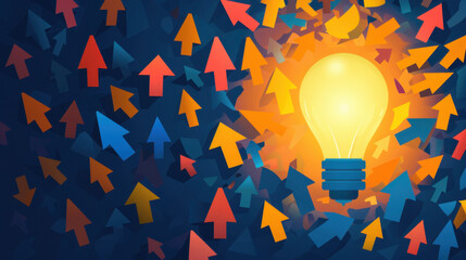 Poster - Bright light bulb surrounded by colorful arrows, symbolizing ideas and direction. vibrant colors create energetic atmosphere, inspiring creativity and innovation