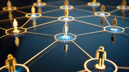 Poster - digital network connections with glowing nodes and figures represent communication and collaboration