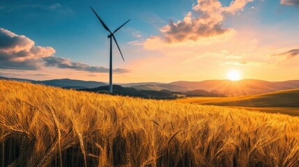 Poster - Golden wheat field under a vibrant sunset with wind turbine in the background reflecting the beauty of nature's harvest