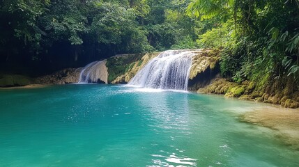 Poster - Serene waterfall cascading into a crystal-clear turquoise pool surrounded by lush tropical foliage